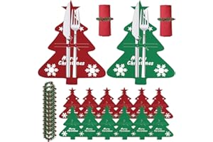 Kuvarix Portaposate Natalizie in Feltro, 12 Pezzi Porta Posate Natalizio con 12 Anelli Portatovaglioli, Decorazioni Tavola Natale per Coltelli, Forchette, Cucchiai (Rosso + Verde)