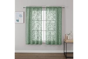 OVZME Cortinas traslúcidas Color Verde Salvia de 137 cm de Largo, 2 Paneles para Sala de Estar, patrón de Hojas con Clip Jacquard Texturizado, Cortinas de Gasa semitransparentes para Dormitorio, Cada