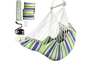 Chihee Fotel hamakowy, podnóżek, wiszący, huśtawka, 2 poduszki, mocny karabińczyk w zestawie, składany metalowy drążek dla trwałości, łatwe przechowywanie, miękka bawełniana tkana makrama, krzesło,