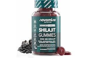 Shilajit Gummies - 2000 mg de Shilajit Puro de Himalaya con Ashwagandha, Chaga, Zinc, Hierro, Selenio y Vitamina D - Vegano y Sin Gluten - 60 Gominolas - Suplemento Ayurvédico - Novomins