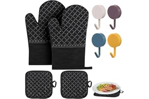 Manoplas para Horno, yisight 1 par de Guantes Horno + 2 Agarraderas, Guantes para Hornear, Resistentes al Calor 260℃, para Cocinar, Hornear, Barbacoa y Asar