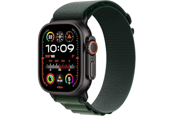 Apple Watch Ultra 2 GPS + Cellular Smartwatch, Reloj Deportivo con Caja de Titanio Negro Resistente de 49 mm y Correa Loop Alpine Verde Oscuro - Talla M. Monitor de entreno y Neutro en Carbono