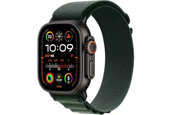 Apple Watch Ultra 2 GPS + Cellular Smartwatch, Reloj Deportivo con Caja de Titanio Negro Resistente de 49 mm y Correa Loop Alpine Verde Oscuro - Talla M. Monitor de entreno y Neutro en Carbono