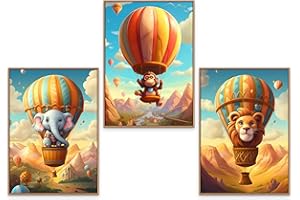 GrowArt - Lot de posters au format A3 de qualité supérieure - Des animaux de conte de fées volent dans des montgolfières, parfaits pour la chambre des enfants. Image colorée. Trois photos formant une
