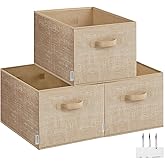 SONGMICS Set of 3 Folding Storage Boxes, 40 x 30 x 24 cm | Wardrobe Organizers, Fabric Baskets, 2 Handles, Label Holder, Sand