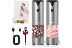 Sangcon Elektrisches Salz- und Pfeffermühlen-Set aus Edelstahl, 500 MAH Wiederaufladbare USB-Salzmühle, Automatischer Betrieb pfeffermuehlen mit LED-Licht, Einstellbare Schleifstärke