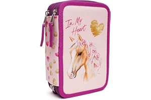 Ragusa-Trade Astuccio a 3 scomparti per bambine, con cavalli, 44 pezzi, riempito (PF3FAB), rosa, 20 x 13 x 6 cm