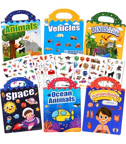 Lot de 6 livres gommettes enfants réutilisables – Livre autocollant enfant 2 -4 ans, Autocollants de scènes de puzzle éducatifs – Jeux de voyage enfants, Cadeaux faits main pour garçons et filles