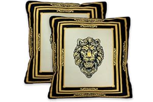 Belle Arti Dekoracyjne poduszki dekoracyjne na sof? zestaw 2 szt. w kolorze czarno-z?otym z poszewk?, wype?nieniem i motywem - lew, amfora, korona (motyw: lew, zestaw 2 szt. - 45 x 45 cm)