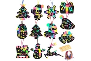 MONCAP 48STK Weihnachten Kratzpapier Weihnachten Kratzbilder Regenbogen Scratch Art Weihnachten Bastelset Kinder mit Holzstiften Bändern für Weihnachtendeko Winter Deko Party Mitgebsel Jungen Mädchen