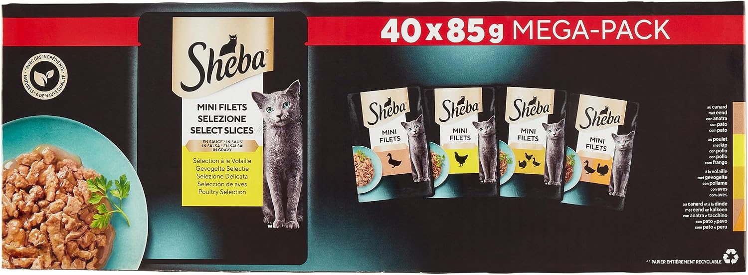 SHEBA Mini Filets - Sachets Fraîcheur en Sauce, Sélection à la Volaille pour Chat Adulte - 40x85g