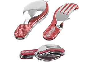 Halal-Wear 4-teiliges Campingbesteck Set klappbar und rostfrei I Bundeswehr Camping Klappbesteck I Edelstahl Outdoor Besteck, Reisebesteck, Essbesteck rot