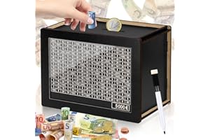‎KKLUNO Kkluno Spardose 5000 Euro mit Zähler – Wiederverwendbare Holz Sparbox mit Zahlen Ankreuzen, Schwarze Design-Spardose zur Finanzmotivation, Geldsparbox für Erwachsene, Geschenk & Dekoidee