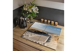 banjado Herdabdeckplatte Glas 2-teilig 60x52cm - Schneidebrett Herdabdeckung - Herdabdeckplatten Ceranfeld 2-teilig - Schneidebrett Glas - Motiv Dünen