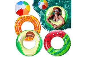 Edmirfun 4PCS Pool Inflatable Float Set, Swimming Pool Rings with Beach Ball for Adults &Kids, Fruit Tube Rings, Fruit Swim Tubes, Pool Floaties Toys， Perfect for Pool Parties Decorations, Beach,Sea