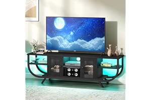 YITAHOME Industrial 140cm TV Stand Cabinet with LED Lights,TV Unit with Storage Cabinets & Open Shelves, Metal Frame TV Cabinet Fits Up to 65 Inch TV for Living Room,Black