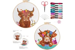 Offizon 2 PCS Embroidery Kit for Beginners - Cross Stitch DIY Craft Set, Embroidery Accessories & Hoop Included, Hand Embroidery Kit for Adults Stitching Sewing Kit Gift | Cow Patterns