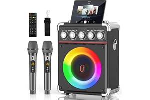 HWWR Karaoke Machine with 2 Wireless Microphones | Bluetooth 5.3 Speaker with Bass/Treble/Echo Adjustment | PA System with Remote Control & RGB Lights, Supports TV/TF Card/USB/AUX/Live/REC for Home Parties