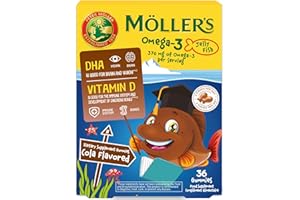MÖLLER'S Moller’s ® | Omega 3 Per Bambini | Olio di pesce omega-3 naturale | Con DHA ed EPA, Senza glutine, lattosio o zuccheri aggiunti | Facili da masticare | Gusto Cola| 36 pezzi