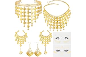 Otuuz 6 Accesorios de Joya de Danza del Vientre India Set de Tocado de Monedas de Oro Bohemio Collar y Pendientes de Monedas Cadena de Mano Oriental con Anillo Tatuajes Faciales Metálicos Impermeables