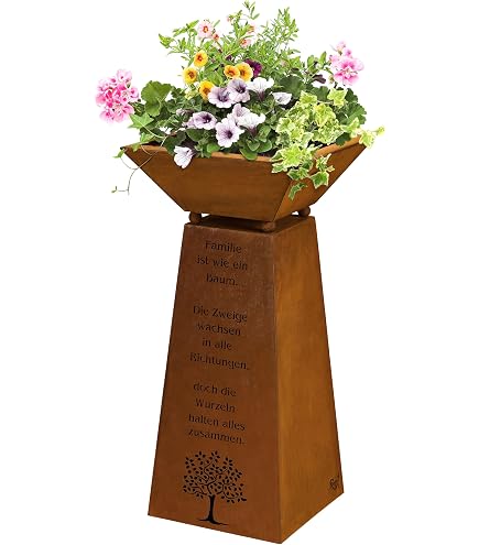 Gartendeko Säule Mit Schale – 8-Eck Löwen-Säule & 4-Eck Schale, Edelrost, Ca. 118 Cm Hoch