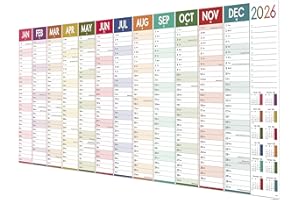 FULLVINTAGE Agenda de pared 2026, calendario de pared 2026, tamaño grande, para familia, escuela u oficina, enero de 2026 a diciembre de 2026, 120 x 42 cm, XXL, colorido
