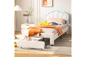 FEEOHOME Kinderbett 90x200 cm, Prinzessin Bett mit Lattenrost und Blütenblattförmiges verstellbares Kopfteil, mädchen Bett mit LED, Kinderbett mädchen, Bett Kinder für Jungen & Mädchen, Weißr Samt