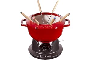 STAUB Service à Fondue en Fonte, avec 6 Fourchettes à Fondue, pour Fondue Savoyarde, Bourguignonne et au Chocolat, Ø 20 cm, Cerise