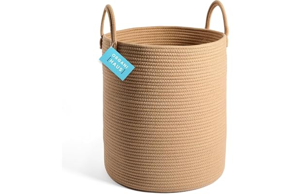 OrganiHaus panier à linge 38x45 cm miel, corde de coton avec poignées, bac à linge bébé, rangement jouets ou couvertures, panier déco enfant