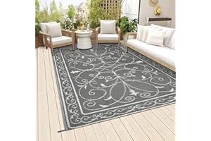 Famibay Terrassenteppich Wetterfest Groß Outdoor Teppich Plastik Gartenteppich Wendbar Teppich Balkon Leichtgewicht Picknickdecke Faltbar Bodenmatte für Terrasse Garten Balkon (Grau, 180 x 270 cm)