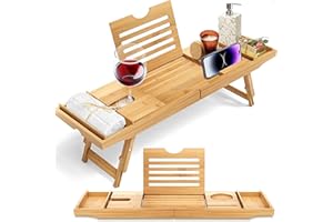 SereneLife 2-in 1 Badewannenablage & Betttablett – Klappbares Tablett für Frühstück im Bett & in der Badewanne aus Bambus – Wasserdichtes Serviertablett, Länge & Höhe Verstellbar– Badewannenbrett Holz