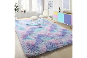 SOANNY Rug for Living Room, Bedside Rug Soft Fluffy Lounge Rugs For Living Room Bedroom Dorm Nursery Kids Room, Luxury Tie-dyed Shag Throw Area Rug Decor Carpet, Teal Purple, 90x150 cm