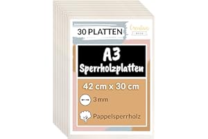 Creative Deco 30 x A3 Sperrholzplatte 3mm Pappelsperrholz | 420 x 300 (+/- 2) mm | Dünne Holz-Zuschnitte | Perfektes Blatt für Laubsäge, Brandmalerei, Laserschnitt, CNC Router, Durchbrochenes