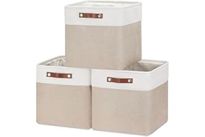 Mangata Cube Aufbewahrungskorb, 30x30x30cm, 3er-Set Stoff Aufbewahrungsbox für Regale, Spielzeug, Büro, Schrank ▏ Light Khaki&weiß