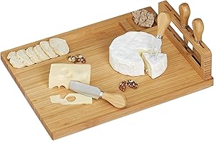 Relaxdays Planche à fromage, couverts à fromage, couteau pâte molle et dure, fourchette, pelle, bambou et inox, nature