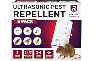 REPELIX ARMOUR Indoor Ultrasonic Pest Repeller – Pack of 5 – Covers 140m² per Device – 3 Modes – Repels Mice, Rats, Spiders, Mosquitoes, Ants, Bugs & Flies