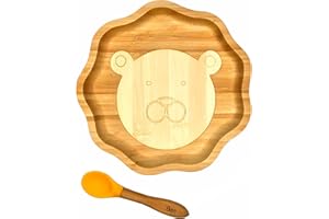 Kleiner Fuchs Assiette Bebe Ventouse Antidérapante avec Cuillère pour Bébé Assortie - Set de Vaisselle en Bambou de Haute Qualité avec Boîte Cadeau Élégante - Assiette Bebe Bambou (Lion)