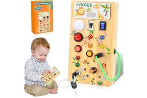 AUEZONA Tablica manipulacyjna Montessori, zabawka dla dzieci od 1. roku życia, zabawka drewniana z włącznikiem światła, zabawka motoryczna, gra podróżna (dżungla)