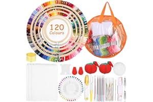 Qixora Broderie Kit, 120 Color Kit de Fils à Broder avec 5 Cercles Bambou,3 Tissus à Broder Aida et Fils à broderie Set, Kits d'outils de Point de Croix, Idéal pour Kits de Broderie pour Débutants