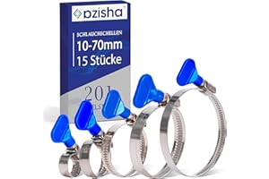 AZISHA Fascette Metalliche Stringitubo 10-70mm - 15 Pezzi Fascette Stringitubo Inox - Regolabile Fascette Stringitubo Acciaio Inox – Stringi Tubo Per Tubi Piscina,Giardino,Gas,Lavatrice,Auto E Acqua