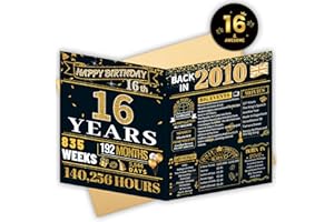 HOMANGA 16th Birthday Card, 16th Birthday Gifts for Boys Girls, Jumbo Back in 2010 Card & 16 Badge with Envelope for Daughter, Son, Him, Her, 16 Bday Decorations, Black Gold, 20x25cm