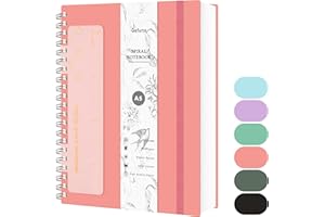 Qefuna Cuaderno de Puntos A5, Bullet Dot Journal,Cuaderno de Espiral de 300 Páginas,Papel Antitinta de 100 g/M²,Tapa Dura de PVC, con Regla,Bolsillos Ampliables,Bandas Elásticas,14,5 x 21 cm-Rosa