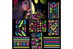 Konsait 7 groß Blätter Klebetattoos temporäre Neon Tattoos schwarzlicht schminke UV Body & Face Painting Tätowierung Aufklebe für Frauen männer, Accessoire für Schwarzlicht UV Party & Festivals