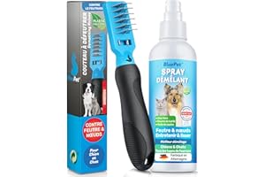 BluePet Peigne à Démêler + Spray de Démêler pour Chien et Chat, Brosse Démêlant pour Animaux à Poils Longs, Coupe Les nœuds et Le Boule de Poil, Démêleur de Pelage, Élimine Nœuds et Feutrage