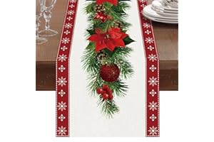 PATIMATE Runner da Tavola Natalizio, Tovaglia Natalizia in Lino Rosso con Stampa di per Albero di Natale Campanelli Fiori Rossi, Decorazioni Natalizie Tavolo per Tavola di Natale, Cene di Famiglia(230 x 33cm)