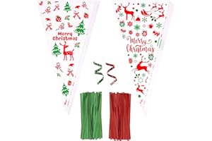 100PCS Christmas Cone Bags, AUERVO Clear Cone Sweet Bags Santa Claus Bells Elk Pattern Party Bags With Red Green Twist Ties for Xmas Party Supplies Decorations