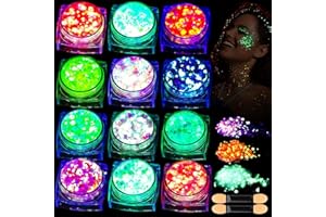 BQQCOB Face Glitter Gel - 12Pcs Festival Body Glitter for Eyeshadow, Hair, Makeup - Glow in The Dark Face Paint, UV Black Light Sequins