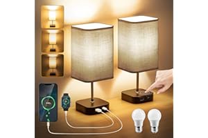 LAITENY Nachttischlampe Touch Dimmbar 2er Set - LED Tischlampe mit 2 USB A+Typ-C Ladeanschlüsse & 2 Dimmbare E27 Glühbirne, 3 Helligkeitsstufen, Grau Lampenschirm für Schlafzimmer, Wohnzimmer, Büro