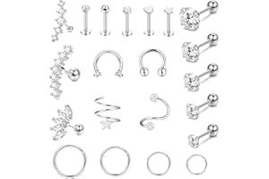 Milacolato 21Pcs Piercing Oreille Acier Inoxydable Cartilage Oreille Clicker Anneau Tragus Helix Conque Piercing Goujons Nez Lip Clicker Anneau CZ Barbell Tragus Piercings Bijoux 16G