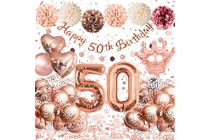ALMAXI Decorazioni 50 Anni Compleanno Donna, Palloncini 50 Anni Compleanno Rosa Oro, Decorazioni Festa Donna con Palloncini Coriandoli Pompon di Carta